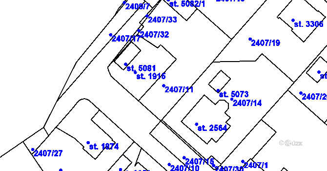 Parcela st. 2407/11 v KÚ Rakovník, Katastrální mapa