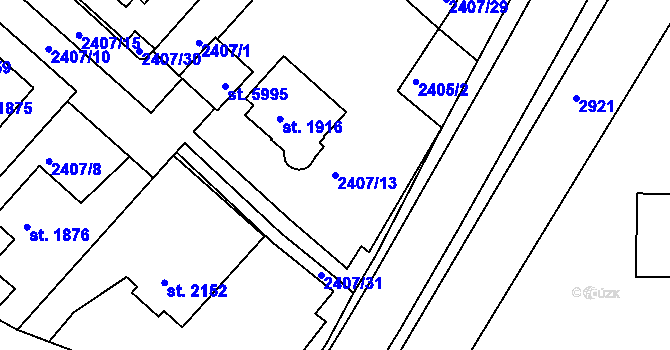 Parcela st. 2407/13 v KÚ Rakovník, Katastrální mapa