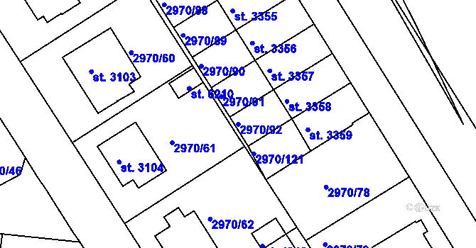 Parcela st. 2970/92 v KÚ Rakovník, Katastrální mapa