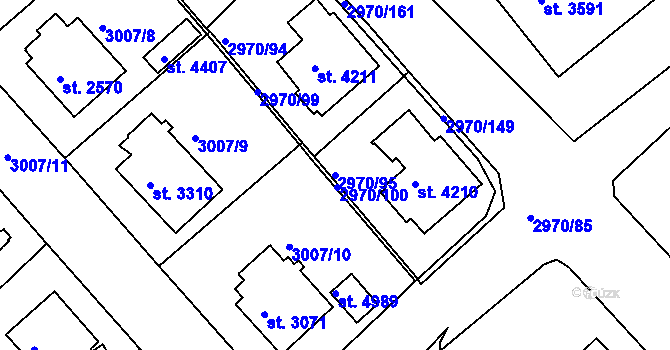 Parcela st. 2970/95 v KÚ Rakovník, Katastrální mapa