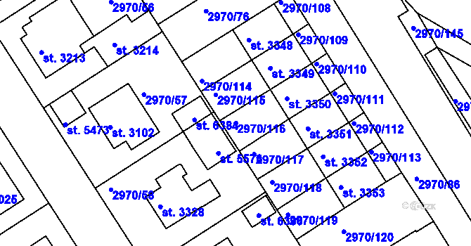 Parcela st. 2970/116 v KÚ Rakovník, Katastrální mapa