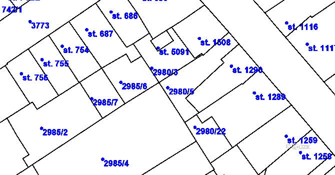 Parcela st. 2980/5 v KÚ Rakovník, Katastrální mapa