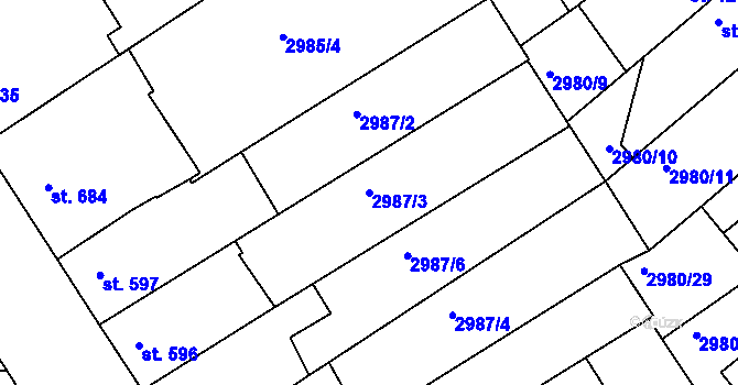 Parcela st. 2987/3 v KÚ Rakovník, Katastrální mapa