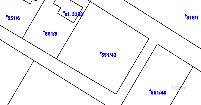 Parcela st. 551/43 v KÚ Rakovník, Katastrální mapa