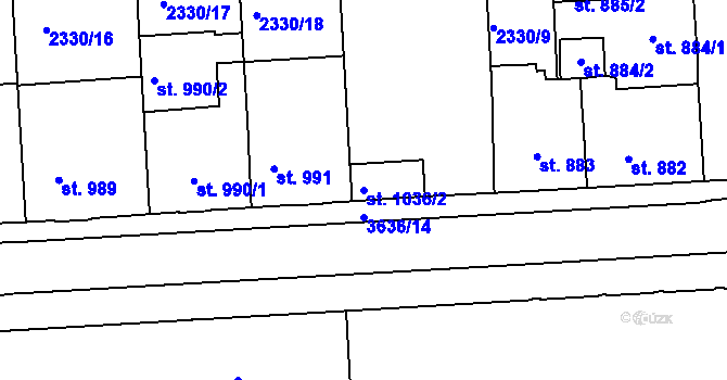 Parcela st. 1036/2 v KÚ Rakovník, Katastrální mapa
