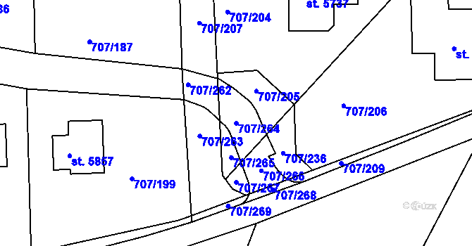 Parcela st. 707/264 v KÚ Rakovník, Katastrální mapa