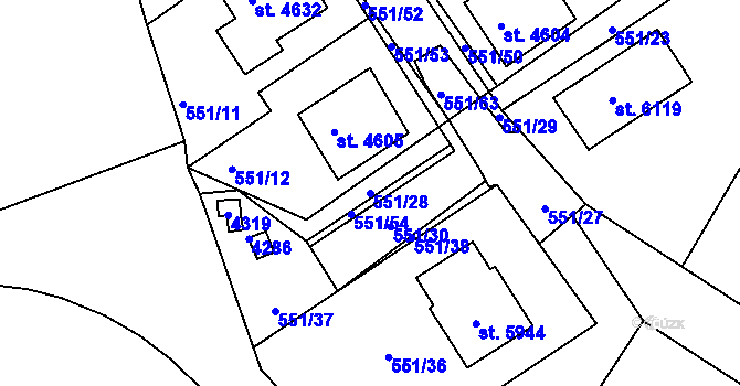 Parcela st. 551/28 v KÚ Rakovník, Katastrální mapa