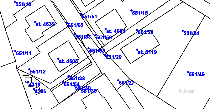 Parcela st. 551/29 v KÚ Rakovník, Katastrální mapa