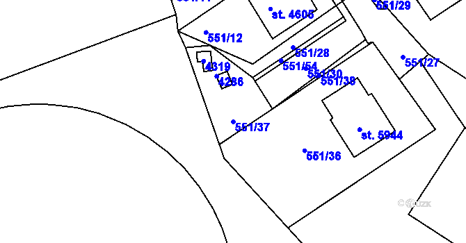 Parcela st. 551/37 v KÚ Rakovník, Katastrální mapa