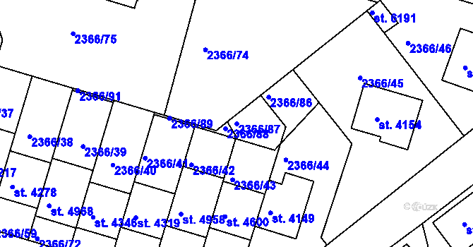 Parcela st. 2366/87 v KÚ Rakovník, Katastrální mapa