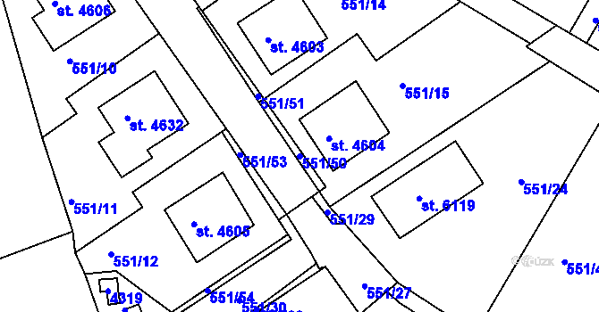 Parcela st. 551/50 v KÚ Rakovník, Katastrální mapa