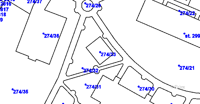 Parcela st. 274/33 v KÚ Rakovník, Katastrální mapa