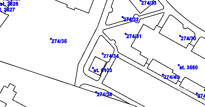 Parcela st. 274/34 v KÚ Rakovník, Katastrální mapa
