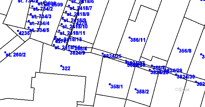 Parcela st. 3824/25 v KÚ Rakovník, Katastrální mapa