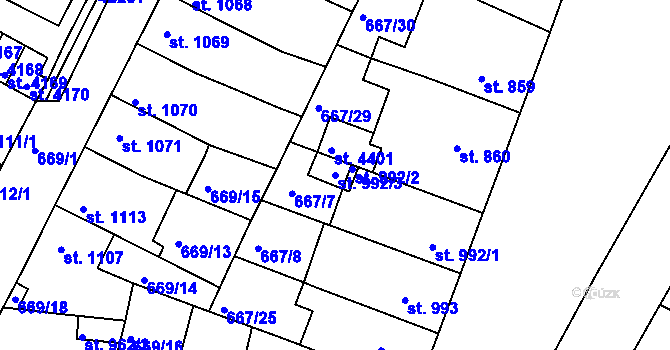 Parcela st. 992/3 v KÚ Rakovník, Katastrální mapa