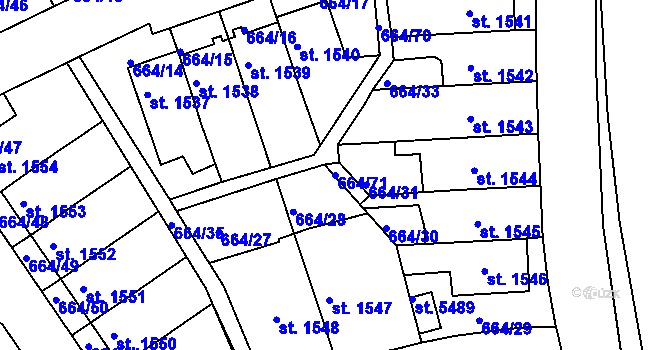 Parcela st. 664/71 v KÚ Rakovník, Katastrální mapa