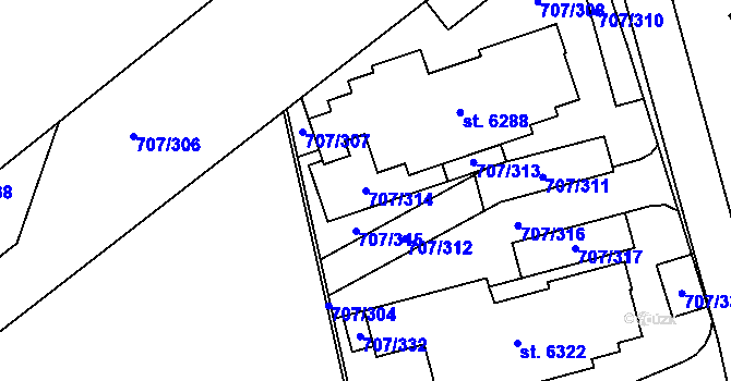 Parcela st. 707/314 v KÚ Rakovník, Katastrální mapa