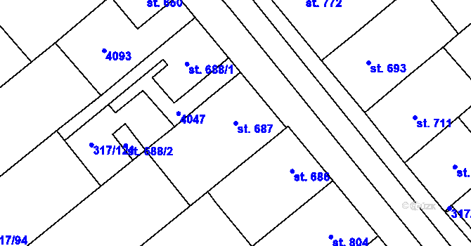 Parcela st. 687 v KÚ Rakvice, Katastrální mapa