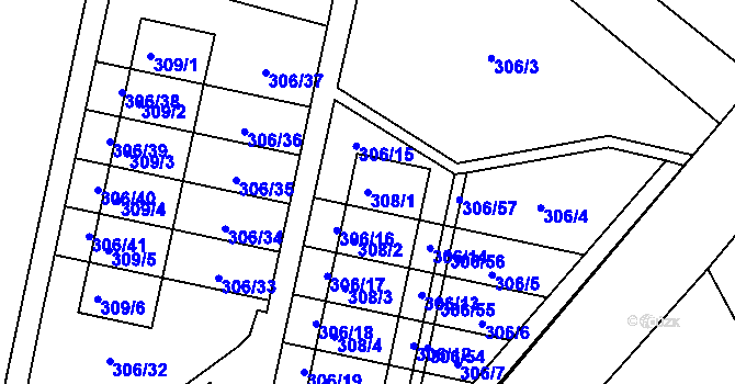 Parcela st. 308/1 v KÚ Kuřívody, Katastrální mapa