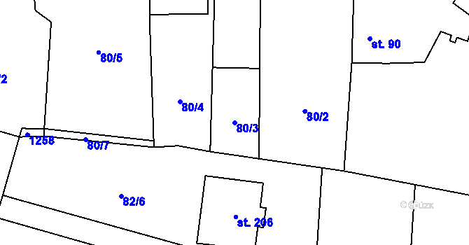 Parcela st. 80/3 v KÚ Raná u Loun, Katastrální mapa