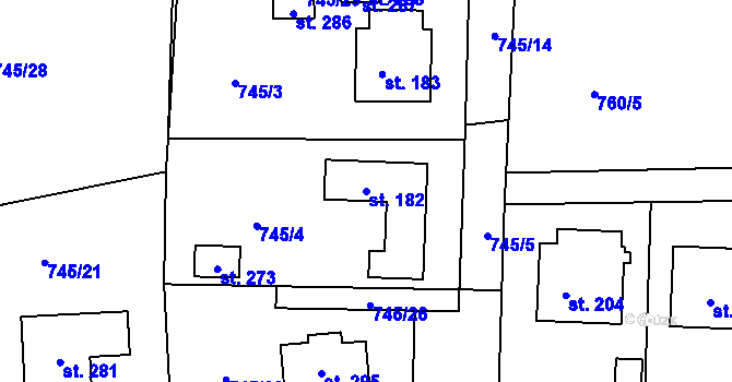Parcela st. 182 v KÚ Raná u Hlinska, Katastrální mapa