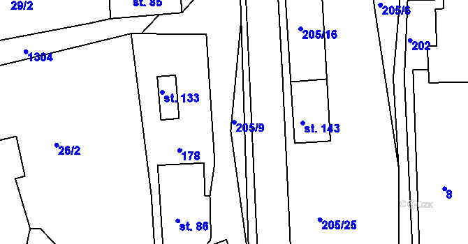 Parcela st. 205/9 v KÚ Raná u Hlinska, Katastrální mapa