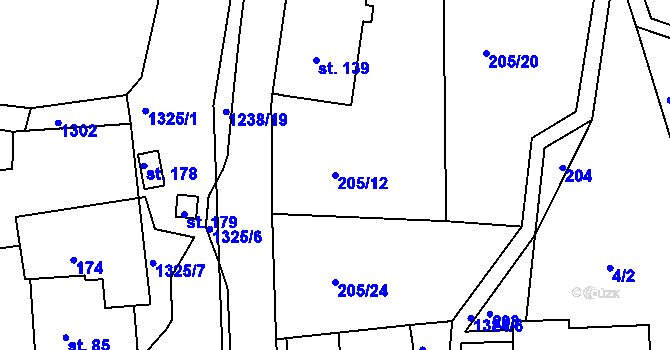 Parcela st. 205/12 v KÚ Raná u Hlinska, Katastrální mapa