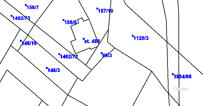 Parcela st. 69/3 v KÚ Raškovice, Katastrální mapa