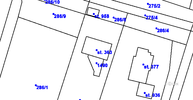Parcela st. 363 v KÚ Raškovice, Katastrální mapa
