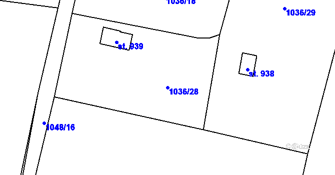 Parcela st. 1036/28 v KÚ Raškovice, Katastrální mapa