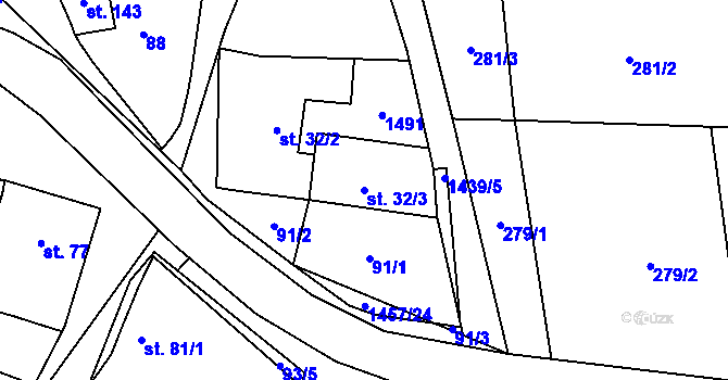 Parcela st. 32/3 v KÚ Rašov, Katastrální mapa