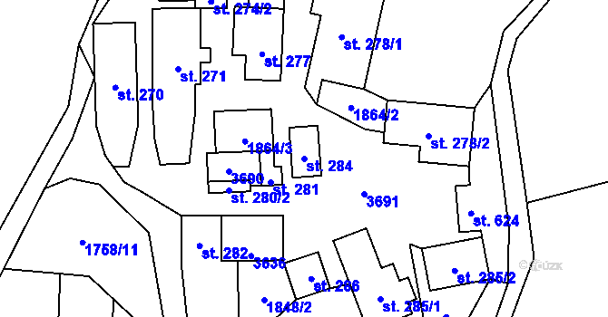 Parcela st. 284 v KÚ Ratiboř u Vsetína, Katastrální mapa