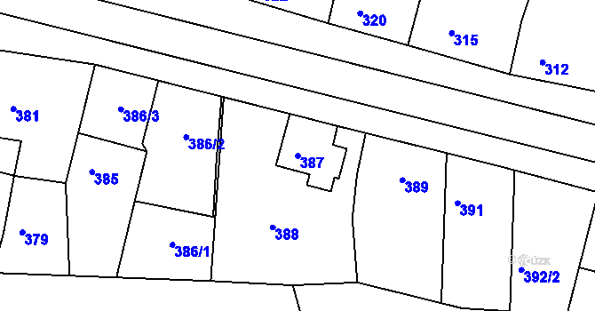 Parcela st. 387 v KÚ Ratíškovice, Katastrální mapa