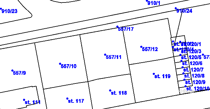 Parcela st. 557/11 v KÚ Ražice, Katastrální mapa