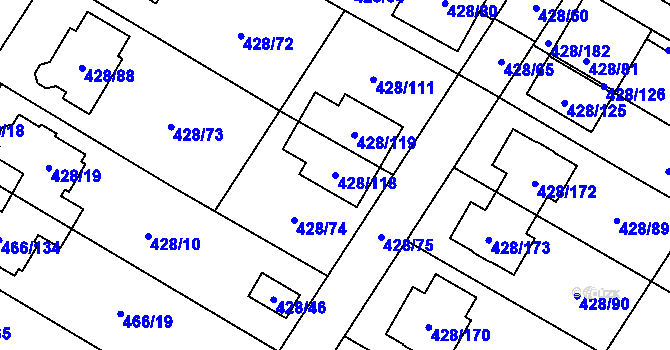 Parcela st. 428/118 v KÚ Rebešovice, Katastrální mapa