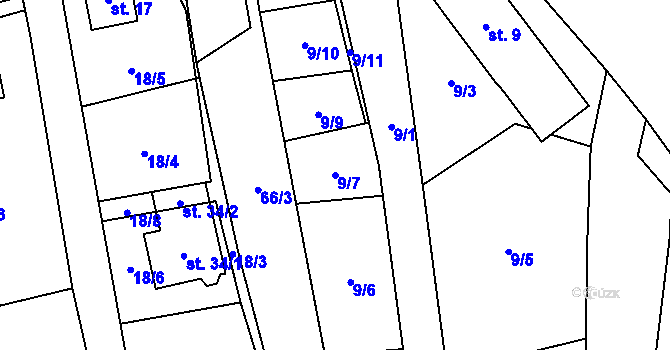 Parcela st. 9/7 v KÚ Klášterský Mlýn I, Katastrální mapa