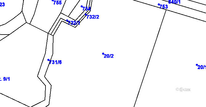Parcela st. 20/2 v KÚ Robousy, Katastrální mapa