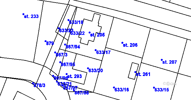 Parcela st. 633/17 v KÚ Robousy, Katastrální mapa