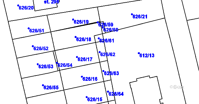 Parcela st. 626/62 v KÚ Robousy, Katastrální mapa