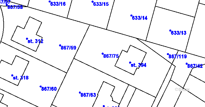 Parcela st. 867/75 v KÚ Robousy, Katastrální mapa