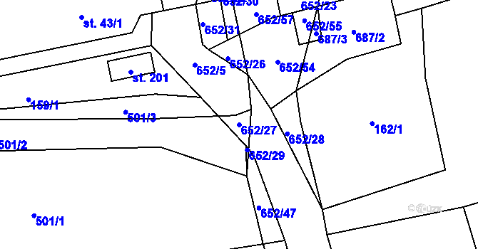 Parcela st. 652/27 v KÚ Robousy, Katastrální mapa