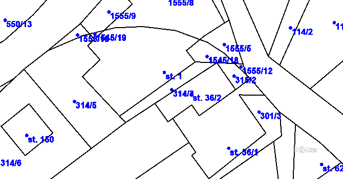 Parcela st. 314/3 v KÚ Rodinov, Katastrální mapa