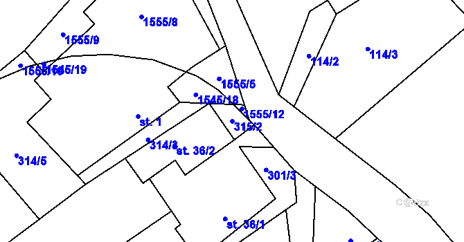Parcela st. 315/2 v KÚ Rodinov, Katastrální mapa
