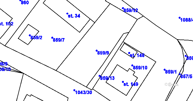 Parcela st. 859/9 v KÚ Jindřiš, Katastrální mapa