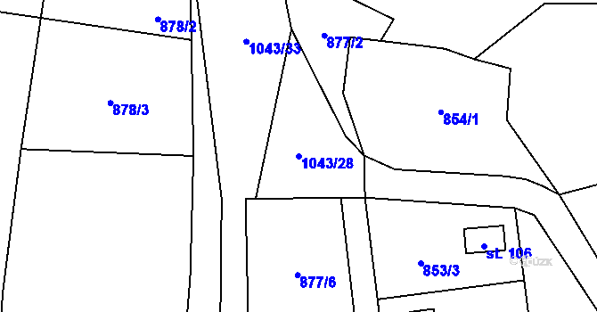 Parcela st. 1043/28 v KÚ Jindřiš, Katastrální mapa