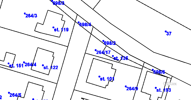 Parcela st. 264/17 v KÚ Rodvínov, Katastrální mapa