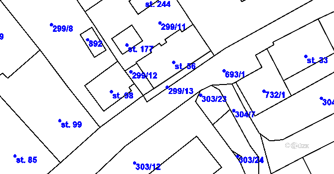 Parcela st. 299/13 v KÚ Rodvínov, Katastrální mapa