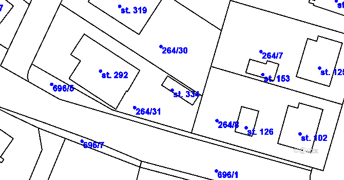 Parcela st. 334 v KÚ Rodvínov, Katastrální mapa