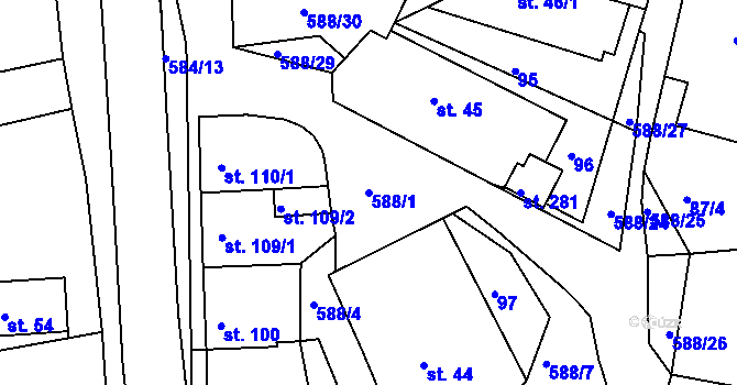 Parcela st. 588/1 v KÚ Rohovládova Bělá, Katastrální mapa