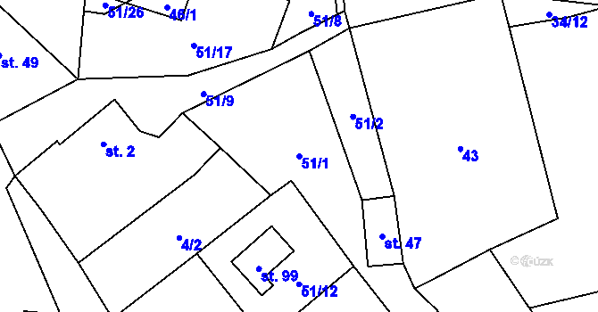 Parcela st. 51/1 v KÚ Kbelany, Katastrální mapa